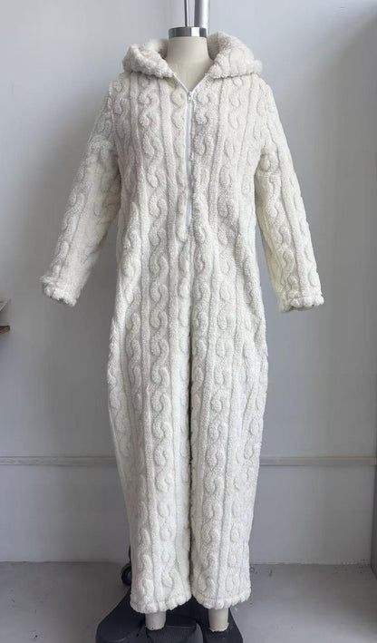 TEDDY Cozy Bear Onesie, White, on a mannequin