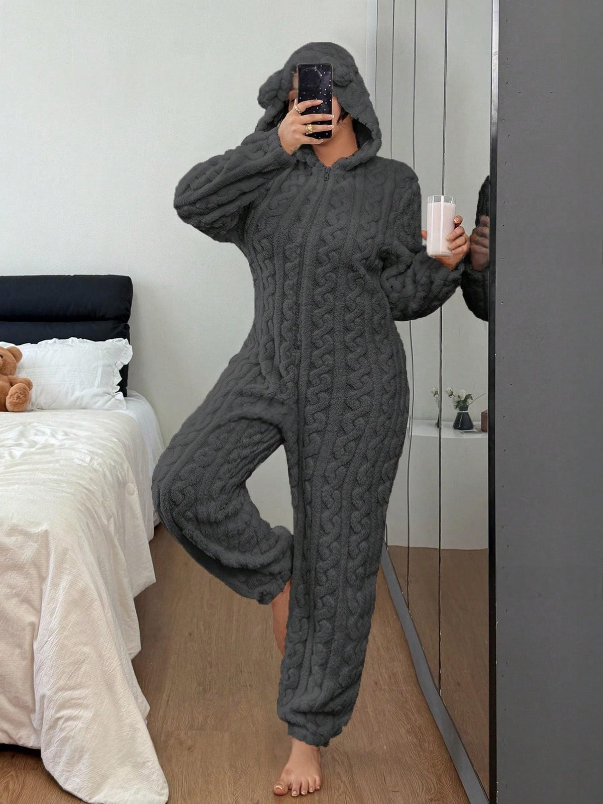 TEDDY Cozy Bear Onesie, Dark Gray, front