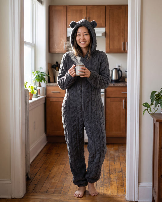 Woman with a warm mug in a kitchen doorway in the TEDDY Cozy Bear Onesie in Dark Gray, hood up with bear ears