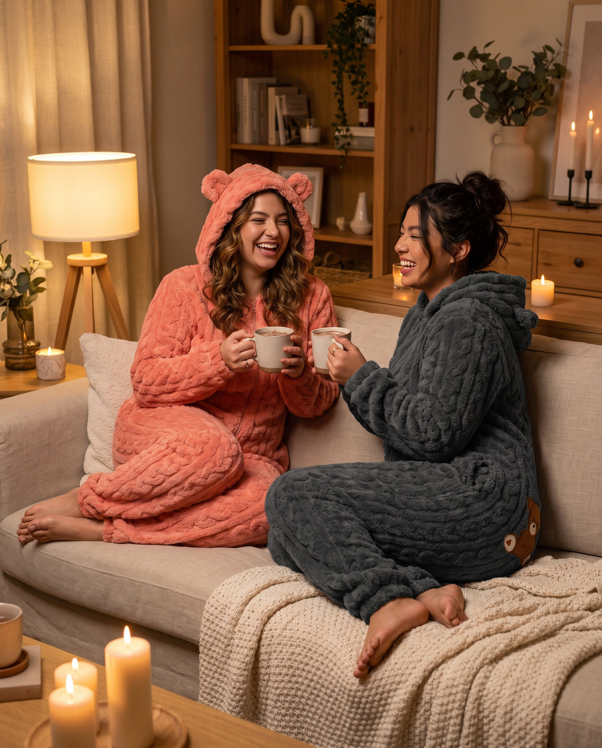 Two friends laughing on a sofa in the TEDDY Cozy Bear Onesie in Pink and Dark Gray, hoods up with bear ears