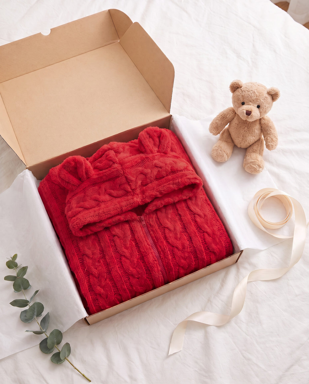 TEDDY Cozy Bear Onesie in Red folded in a gift box with tissue paper and a small teddy bear