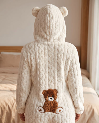 Back of the TEDDY Cozy Bear Onesie in White with round bear ears on the hood and the brown teddy bear appliqué